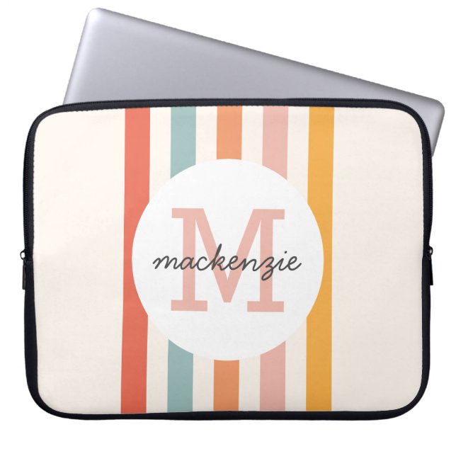 Monogrammed Retro Colorful Stripes Personalized Laptop Sleeve (Front)