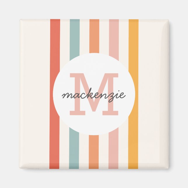 Monogrammed Retro Colorful Stripes Personalized Magnet (Front)