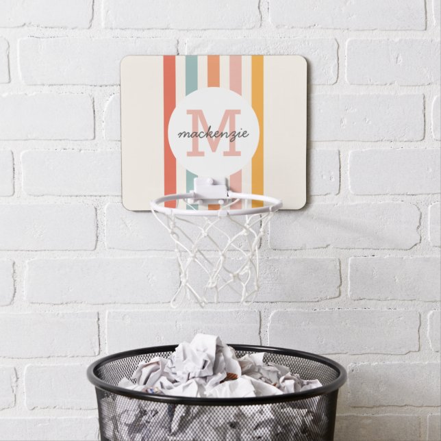 Monogrammed Retro Colorful Stripes Personalized Mini Basketball Hoop (In Situ)