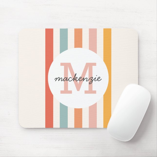 Monogrammed Retro Colorful Stripes Personalized Mouse Pad (With Mouse)