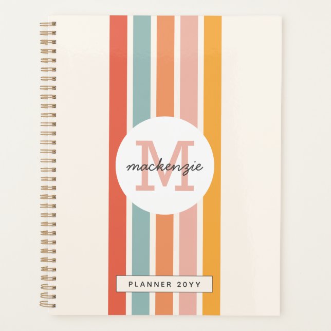 Monogrammed Retro Colorful Stripes Personalized Planner (Front)