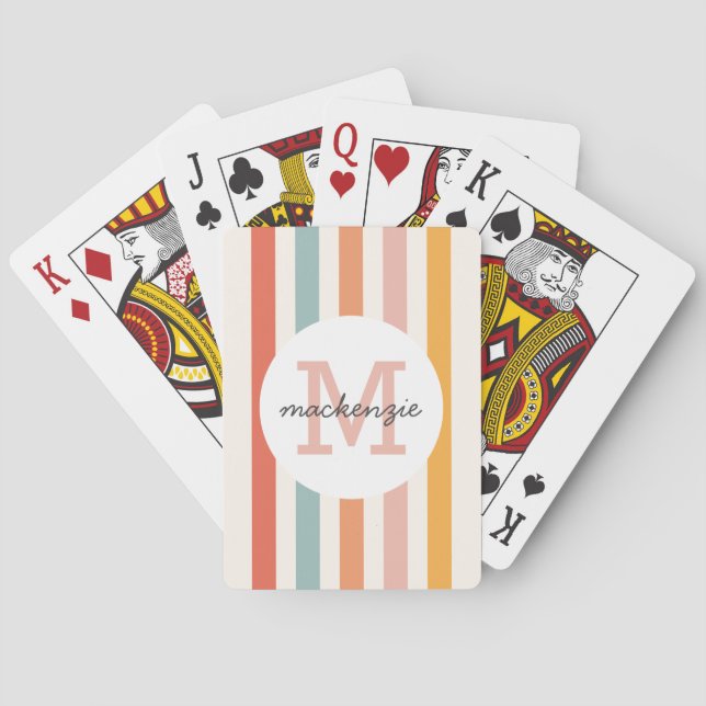 Monogrammed Retro Colorful Stripes Personalized Poker Cards (Back)