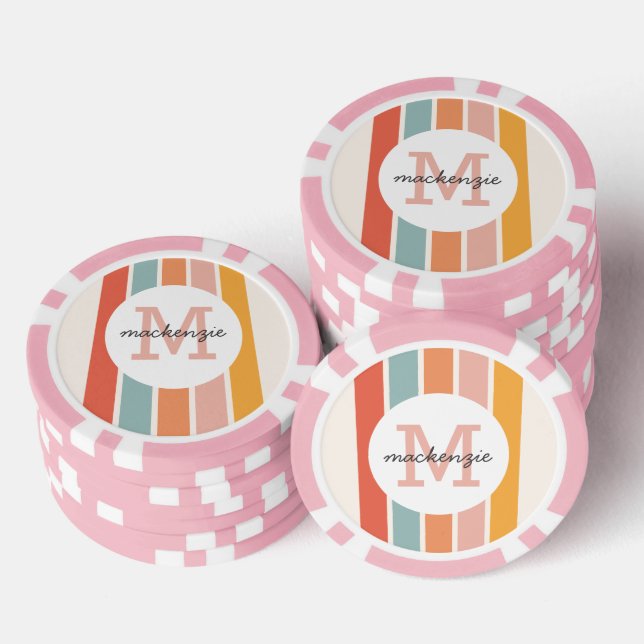 Monogrammed Retro Colorful Stripes Personalized Poker Chips (Stack)