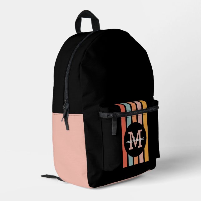 Monogrammed Retro Colorful Stripes Personalized Printed Backpack (Back Corner Left)