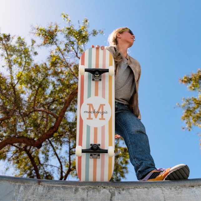 Monogrammed Retro Colorful Stripes Personalized Skateboard (Outdoor 1)