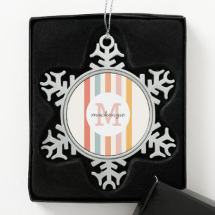 Monogrammed Retro Colorful Stripes Personalized Snowflake Pewter Christmas Ornament