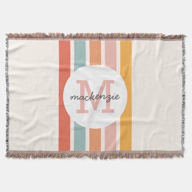 Monogrammed Retro Colorful Stripes Personalized Throw Blanket (Front)