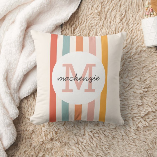 Monogrammed Retro Colorful Stripes Personalized Throw Pillow (Blanket)