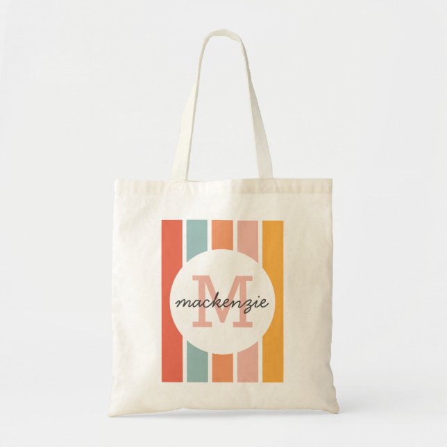 Monogrammed Retro Colorful Stripes Personalized Tote Bag (Front)