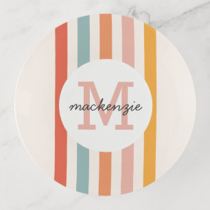 Monogrammed Retro Colorful Stripes Personalized Trinket Tray