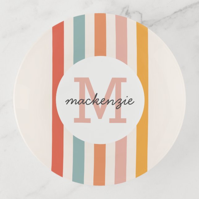 Monogrammed Retro Colorful Stripes Personalized Trinket Tray (Front)