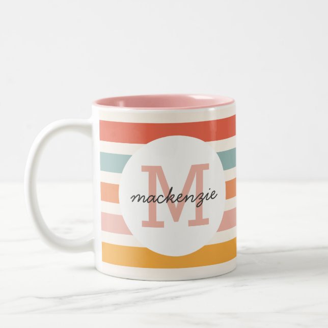 Monogrammed Retro Colorful Stripes Personalized Two-Tone Coffee Mug (Left)