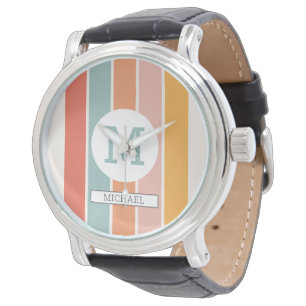 Monogrammed Retro Colorful Stripes Personalized Watch
