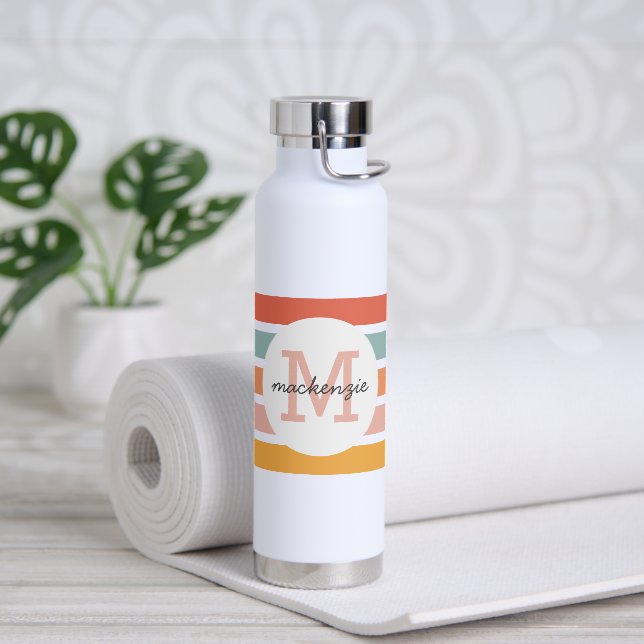 Monogrammed Retro Colorful Stripes Personalized Water Bottle (Yoga)