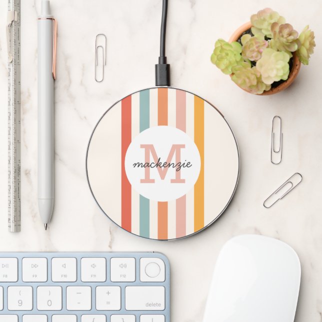 Monogrammed Retro Colorful Stripes Personalized Wireless Charger (Desk)