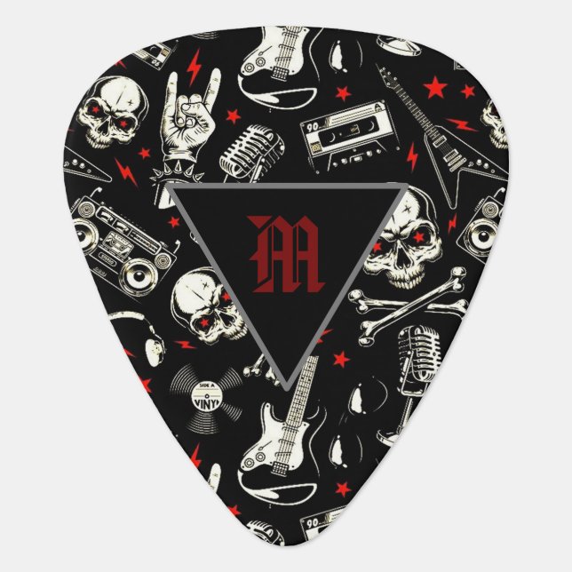 Monogrammed Retro Heavy Metal Pattern Guitar Pick (Front)
