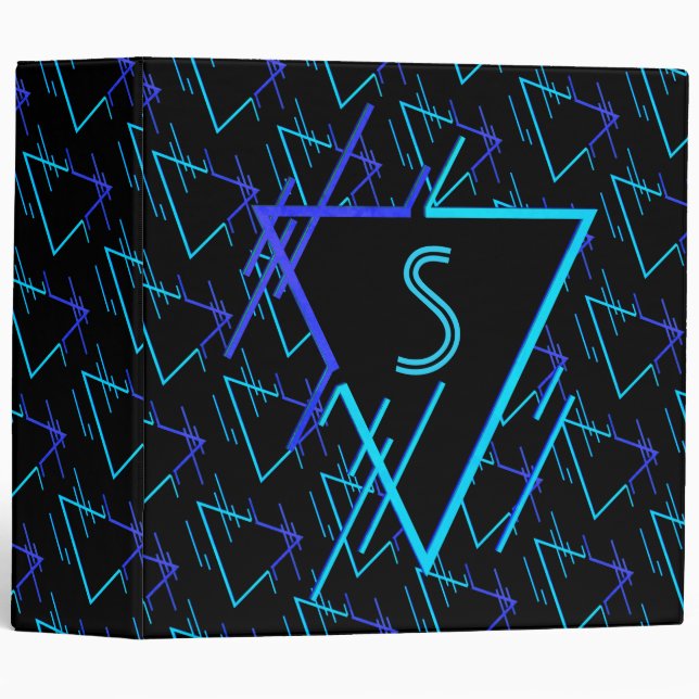 Monogrammed Retro Neon Geometric Pattern 3 Ring Binder (Front/Spine)