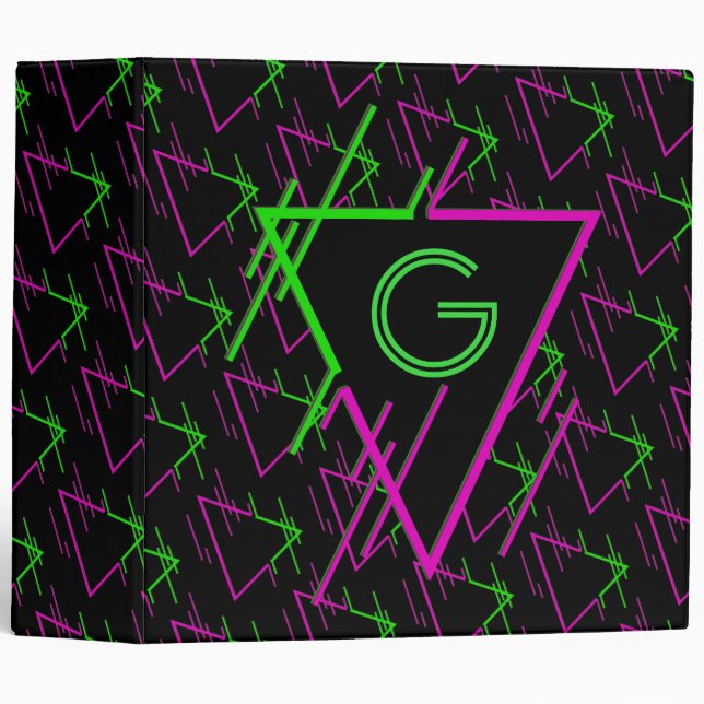 Monogrammed Retro Neon Geometric Pattern  3 Ring Binder (Front/Spine)