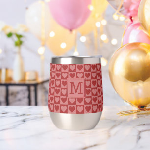 Monogrammed Retro Red and Pink Heart Pattern Thermal Wine Tumbler