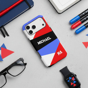 Monogrammed Retro Red Blue Geometric Abstract iPhone 17 Pro Max Case