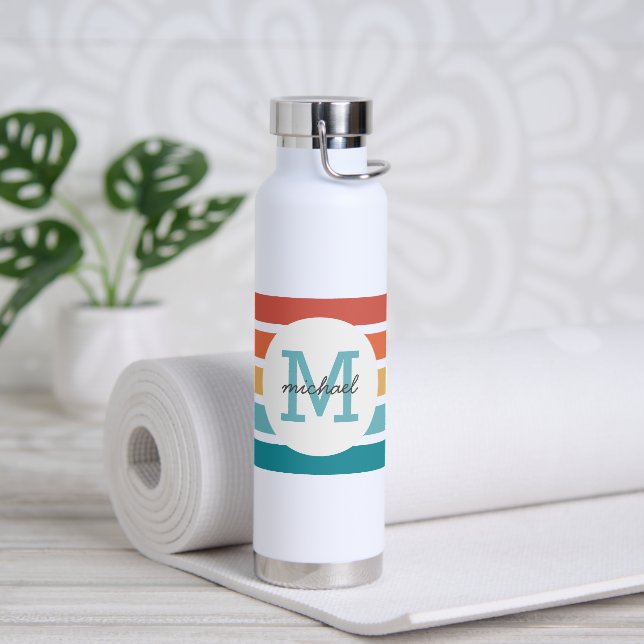 Monogrammed Retro Stripes Personalized Water Bottle (Yoga)