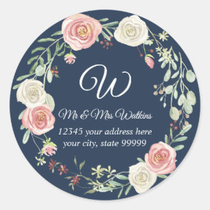 Monogrammed Return Address Navy Blush Rose Floral Classic Round Sticker