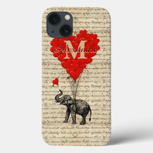 Monogrammed romantic elephant and heart iPhone 13 case