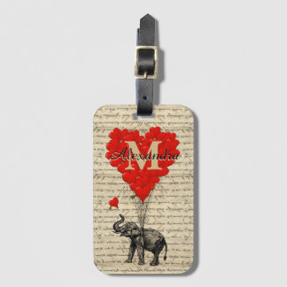 Monogrammed romantic elephant and heart luggage tag
