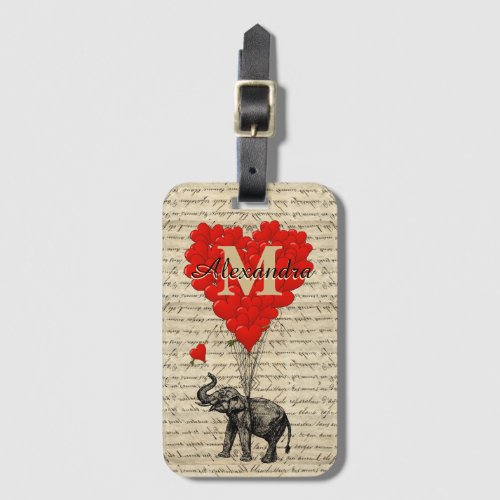 Monogrammed romantic elephant and heart luggage tag