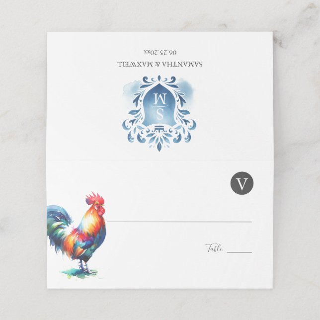 Monogrammed Rooster Watercolor Wedding Place Card (Outside Unfolded)