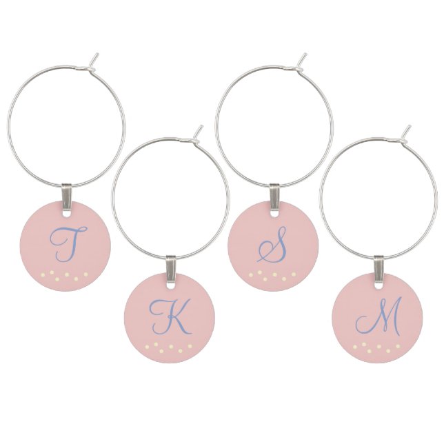 Monogrammed Rose Blue Cream Polka Dots Wine Charm (Staggered)