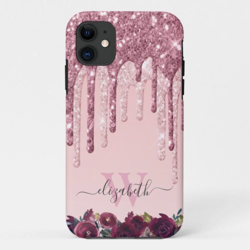 Monogrammed Rose Gold and Burgundy Glitter Drips iPhone 11 Case