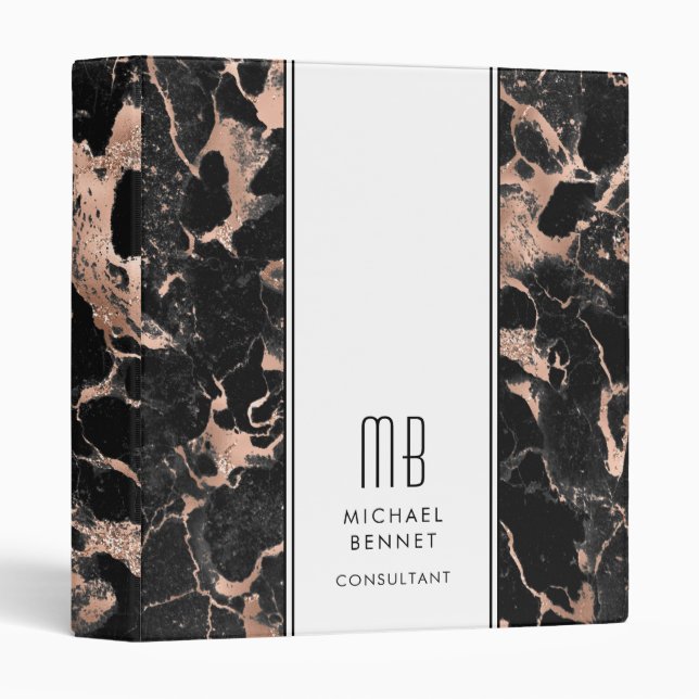 Monogrammed Rose Gold Black Marble  3 Ring Binder (Front/Spine)