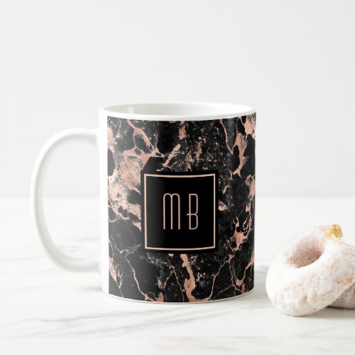 Monogrammed Rose Gold Black Marble Coffee Mug