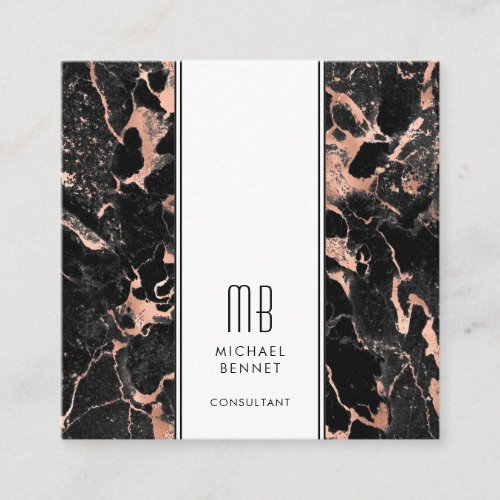 Monogrammed Rose Gold Black Marble Consultant Square Business Card