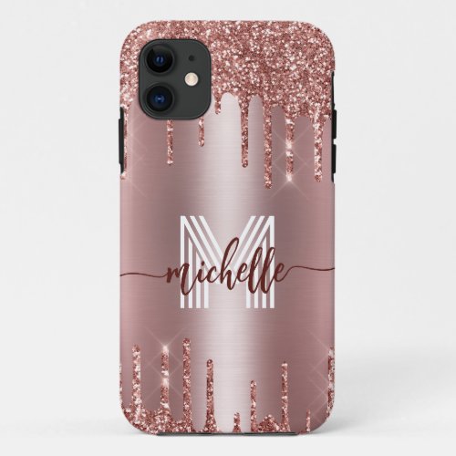 Monogrammed Rose Gold Blush Pink Dripping Glitter iPhone 11 Case