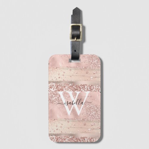 Monogrammed Rose Gold Brush Strokes Glitter Script Luggage Tag