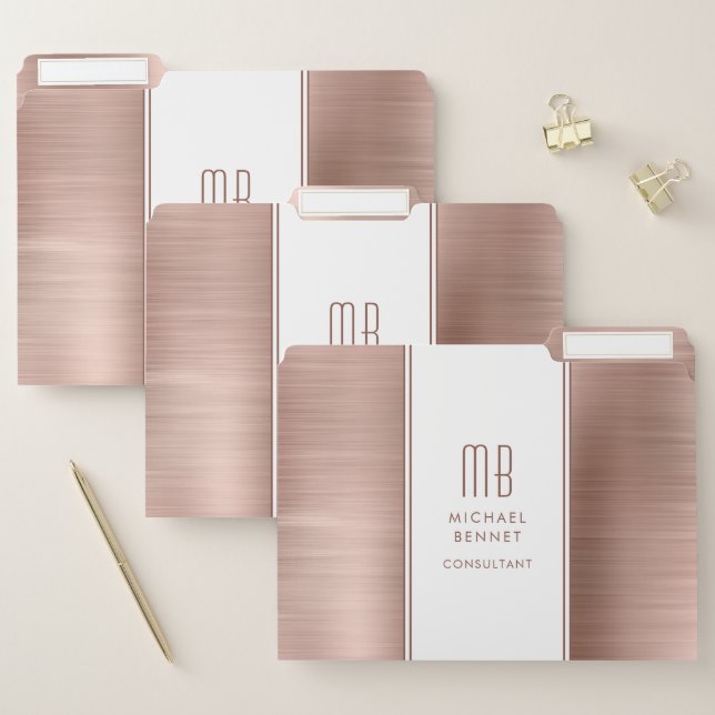 Monogrammed Rose Gold Brushed Metallic Business File Folder (Set)
