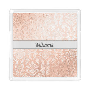 Monogrammed Rose Gold Damask  Acrylic Tray