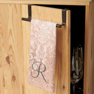 Monogrammed Rose Gold Damask  Kitchen Towel