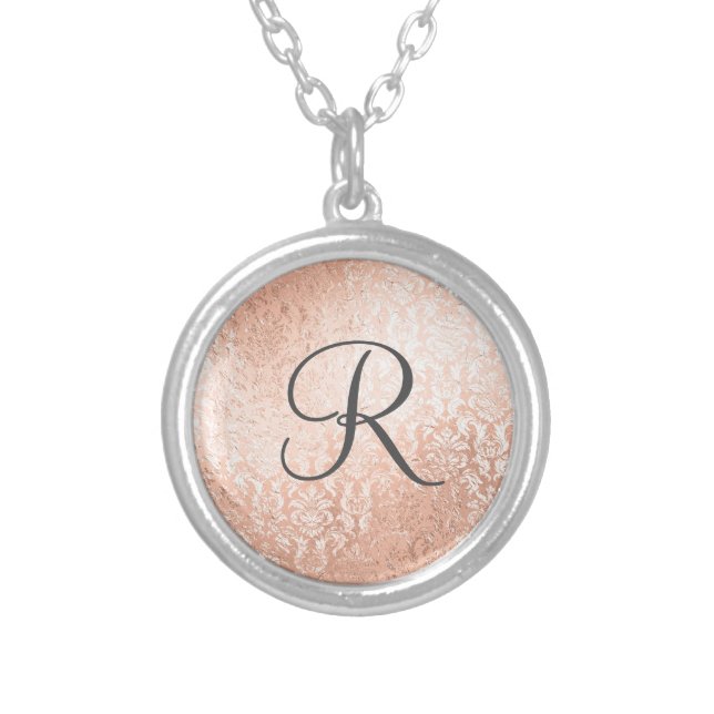 Monogrammed Rose Gold Damask  Silver Plated Necklace (Front)