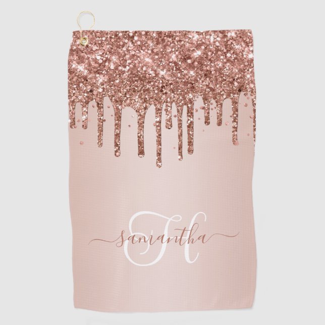 Monogrammed Rose Gold Dripping Glitter Blush Golf Towel (Front)