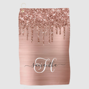 Monogrammed Rose Gold Dripping Glitter Golf Towel