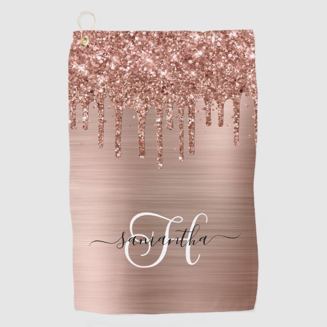 Monogrammed Rose Gold Dripping Glitter Golf Towel (Front)