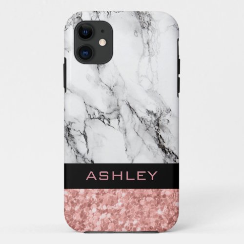 Monogrammed Rose Gold Glitter And White Marble iPhone 11 Case