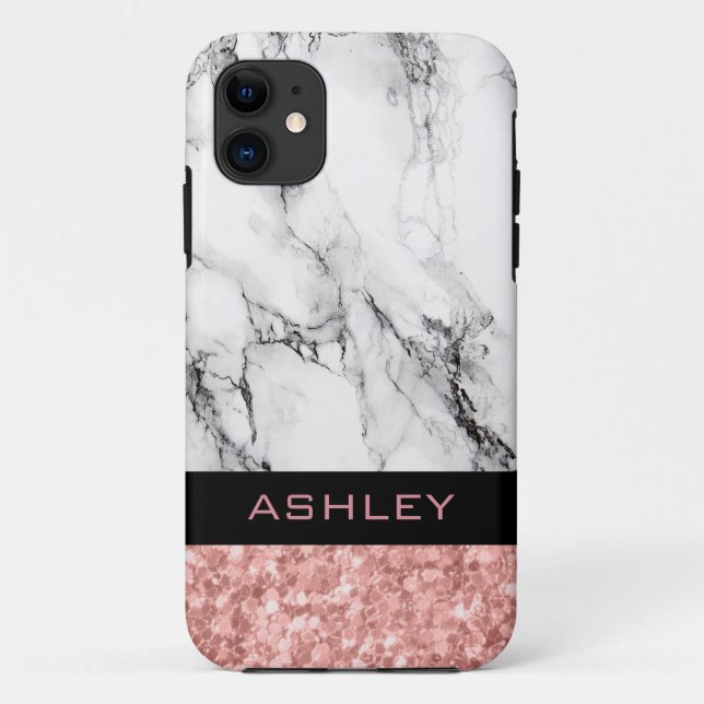 Monogrammed Rose Gold Glitter And White Marble Case-Mate iPhone Case (Back)