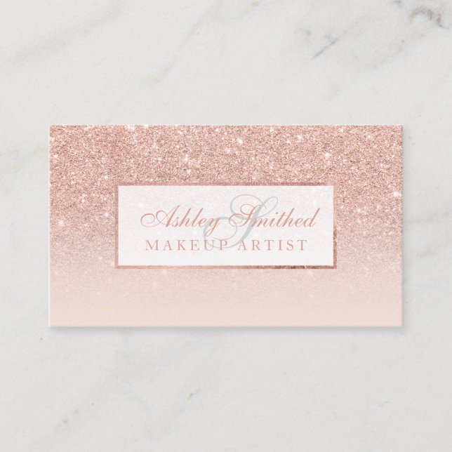 Monogrammed rose gold glitter blush ombre makeup business card (Front)