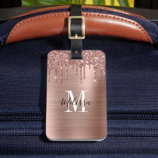 Monogrammed Rose Gold Glitter Drip Brushed Metal 