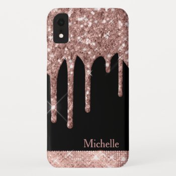 Monogrammed Rose Gold Glitter Drips On Black Iphone Xr Case by storechichi at Zazzle