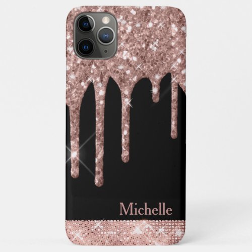 Monogrammed Rose Gold Glitter Drips on Black iPhone 11 Pro Max Case